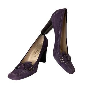 Tod’s Purple Lavender Suede Heeled Loafer Elegant Designer Italian Sz 7
